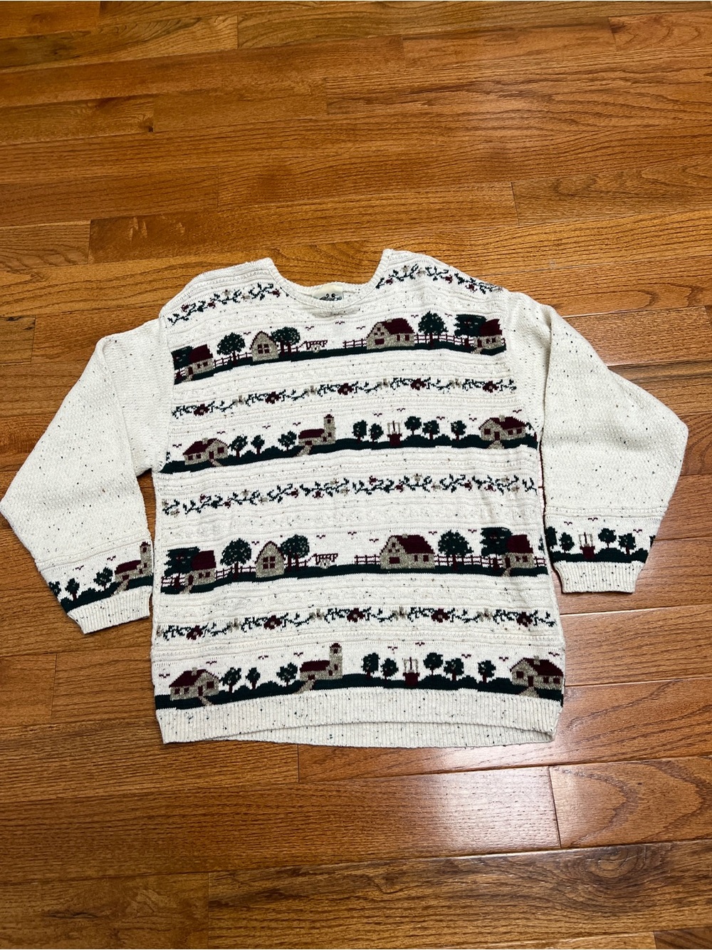 Vintage cottage core Cream Crewneck Sweater with Village Pattern